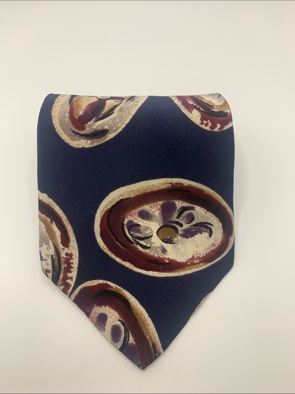 Vintage, Mario Valentino Navy Tie with Cream, Maroon and Purple Medallions